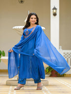 Juniper Women's Blue Solid Viscose Kurta Pant With Dupatta Set With Thread & Mirror Work | Grocsy