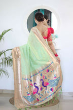 Pista Woven Jacquard Designer Embroidery Work Party Wear Saree - Parampara | Grocsy