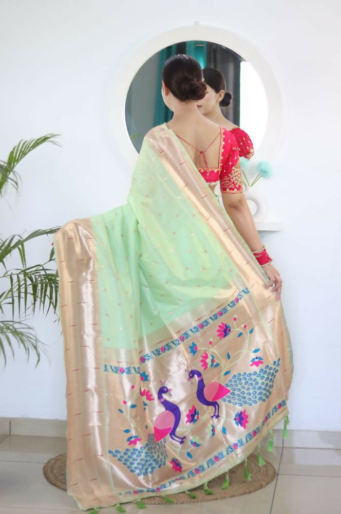 Pista Woven Jacquard Designer Embroidery Work Party Wear Saree - Parampara | Grocsy