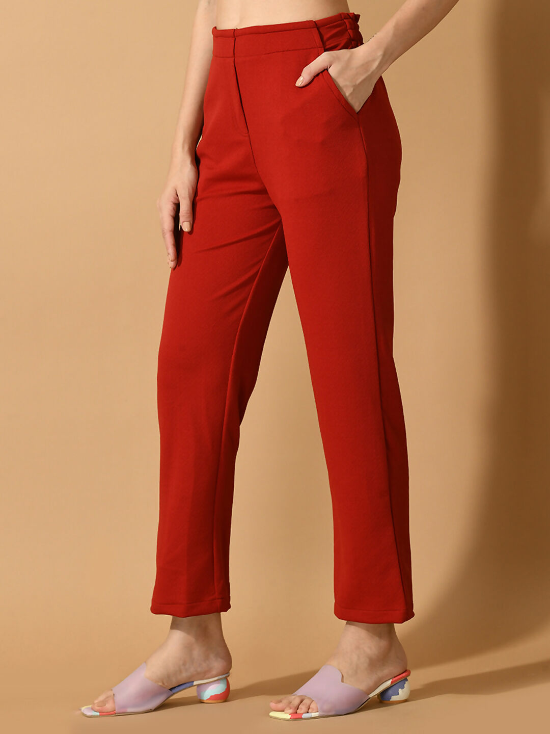 Myshka Women's Red Straight Fit Party Trouser | Grocsy