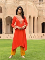 Juniper Women's The Swarna Coral Zari Embroidered Viscose Kurta & Pant Set With Sequins | Grocsy