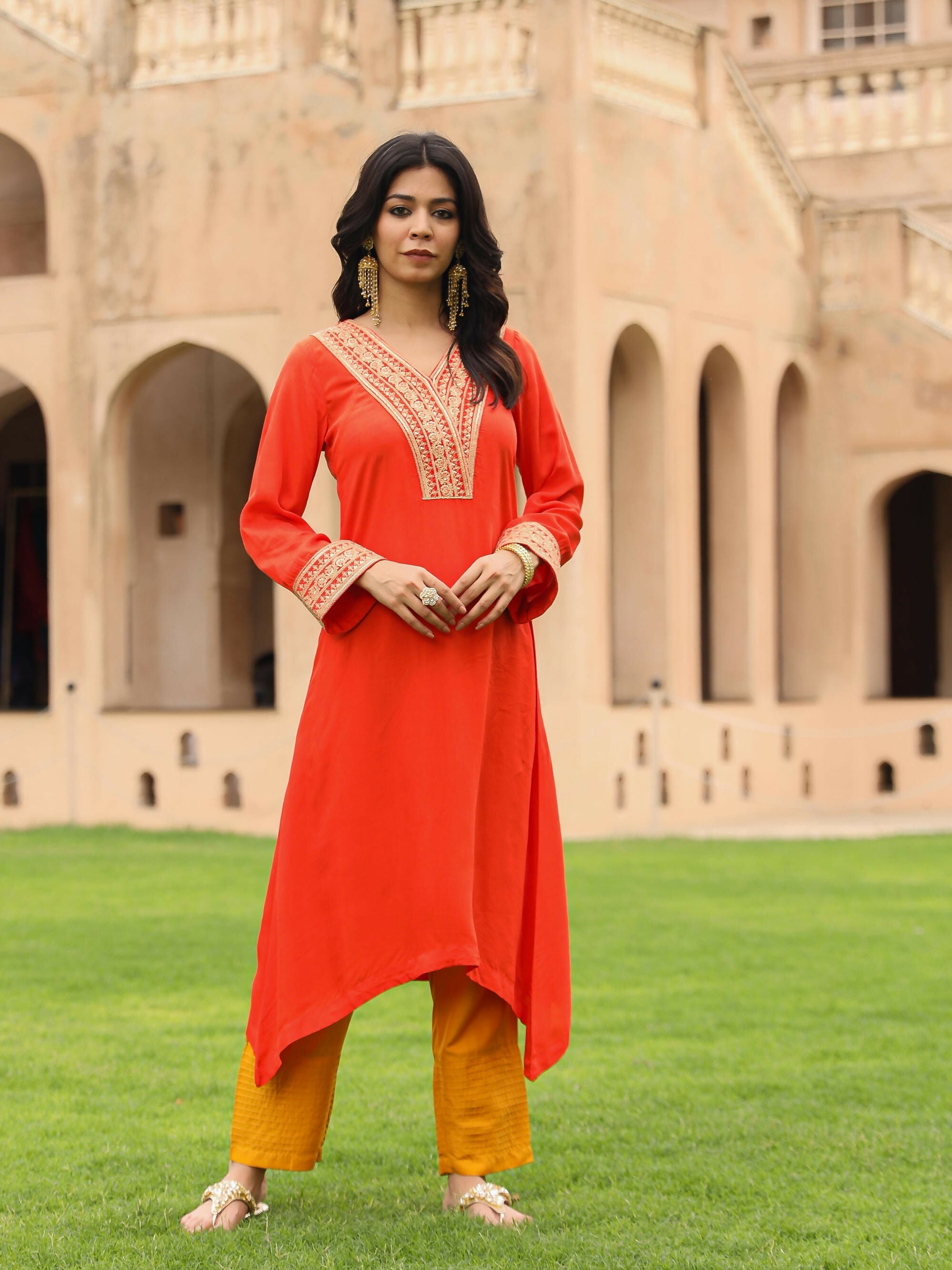 Juniper Women's The Swarna Coral Zari Embroidered Viscose Kurta & Pant Set With Sequins | Grocsy