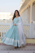 Jyoti Fashion Women's Turquoise Faux Georgette Sequins Thread Embroidery Anarkali Dress with Dupatta | Grocsy