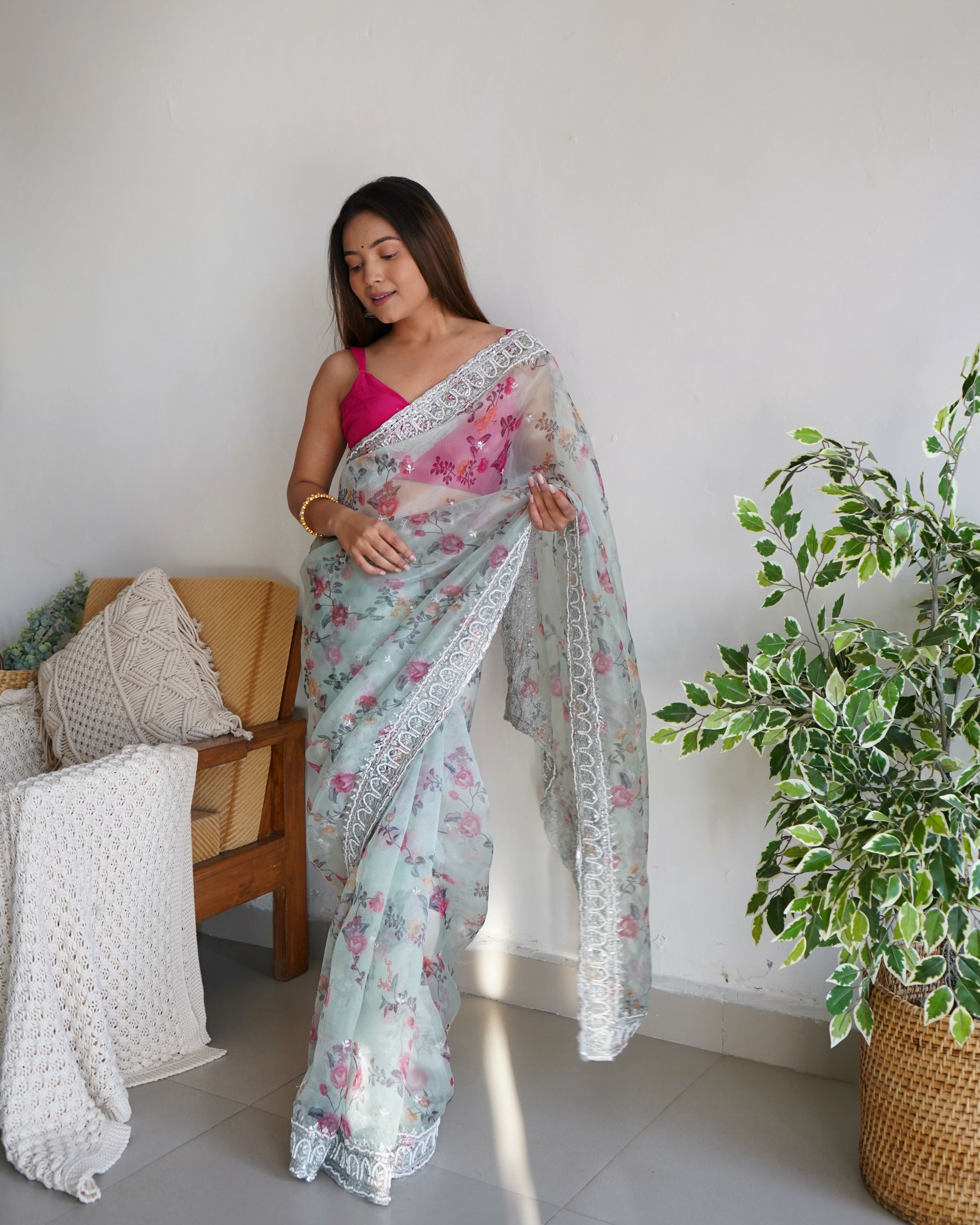 Vamsee Ferry Green Organza Saree | Grocsy