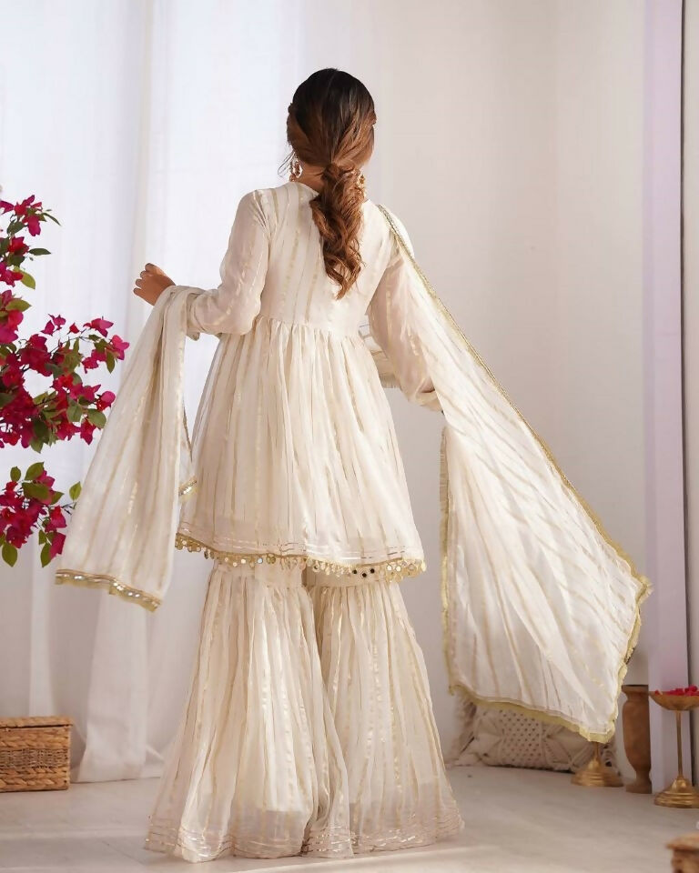 Teeya Creation White Color Mal Chanderi Silk Mirror Work And Hand Work Sharara set | Grocsy