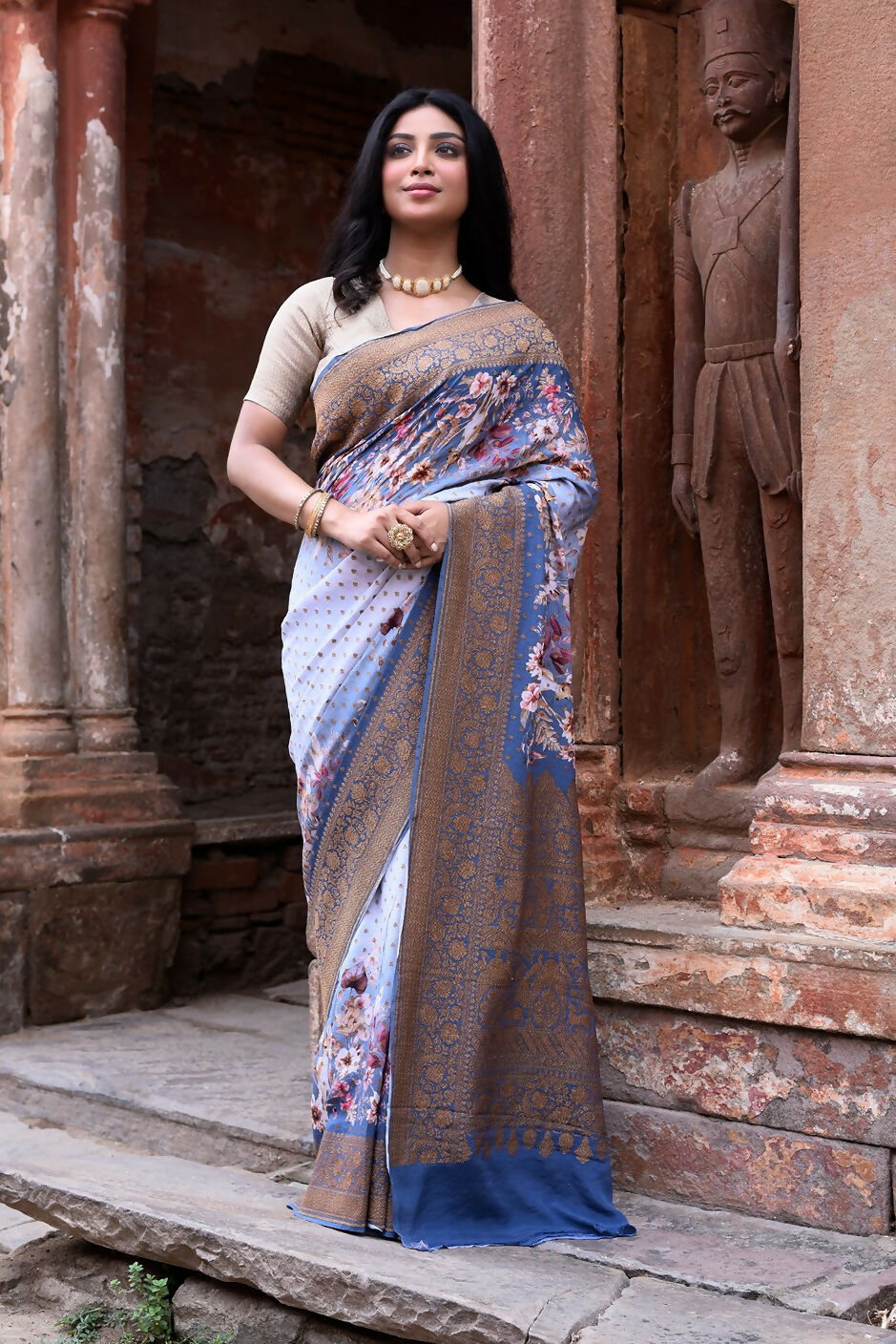 Joban Fashion Dusty Blue Crepe Chiffon Pure Handloom Banarasi Silk Saree | Grocsy