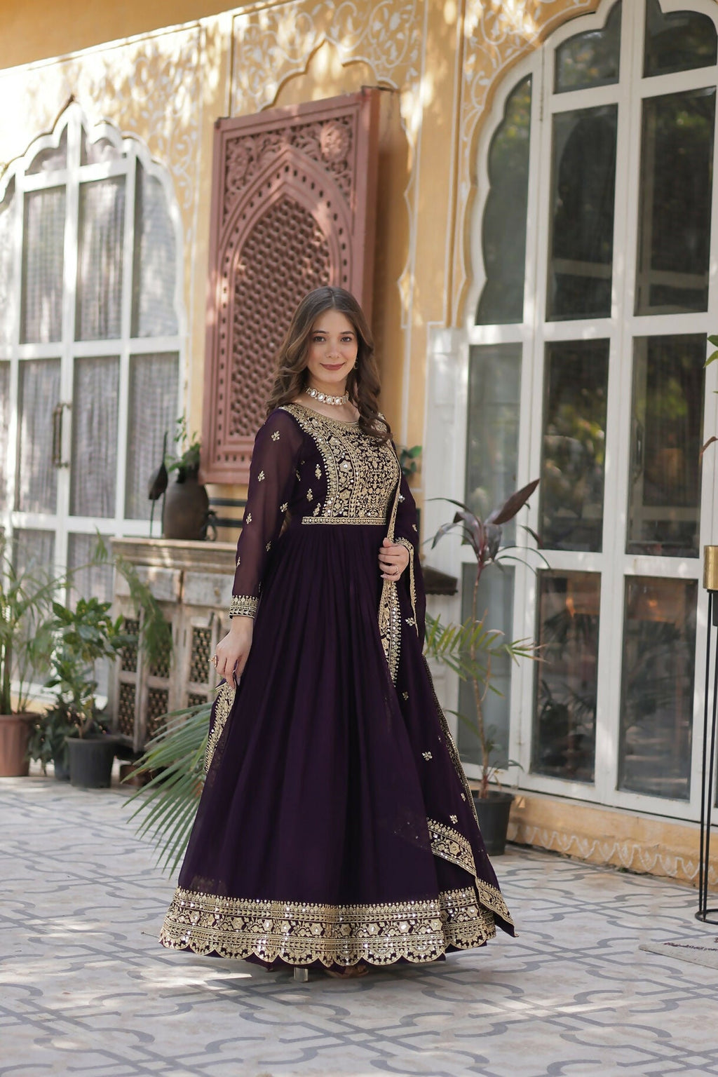 Joban Fashion Wine Georgette Sequence Embroidery Work Kurta Set | Grocsy