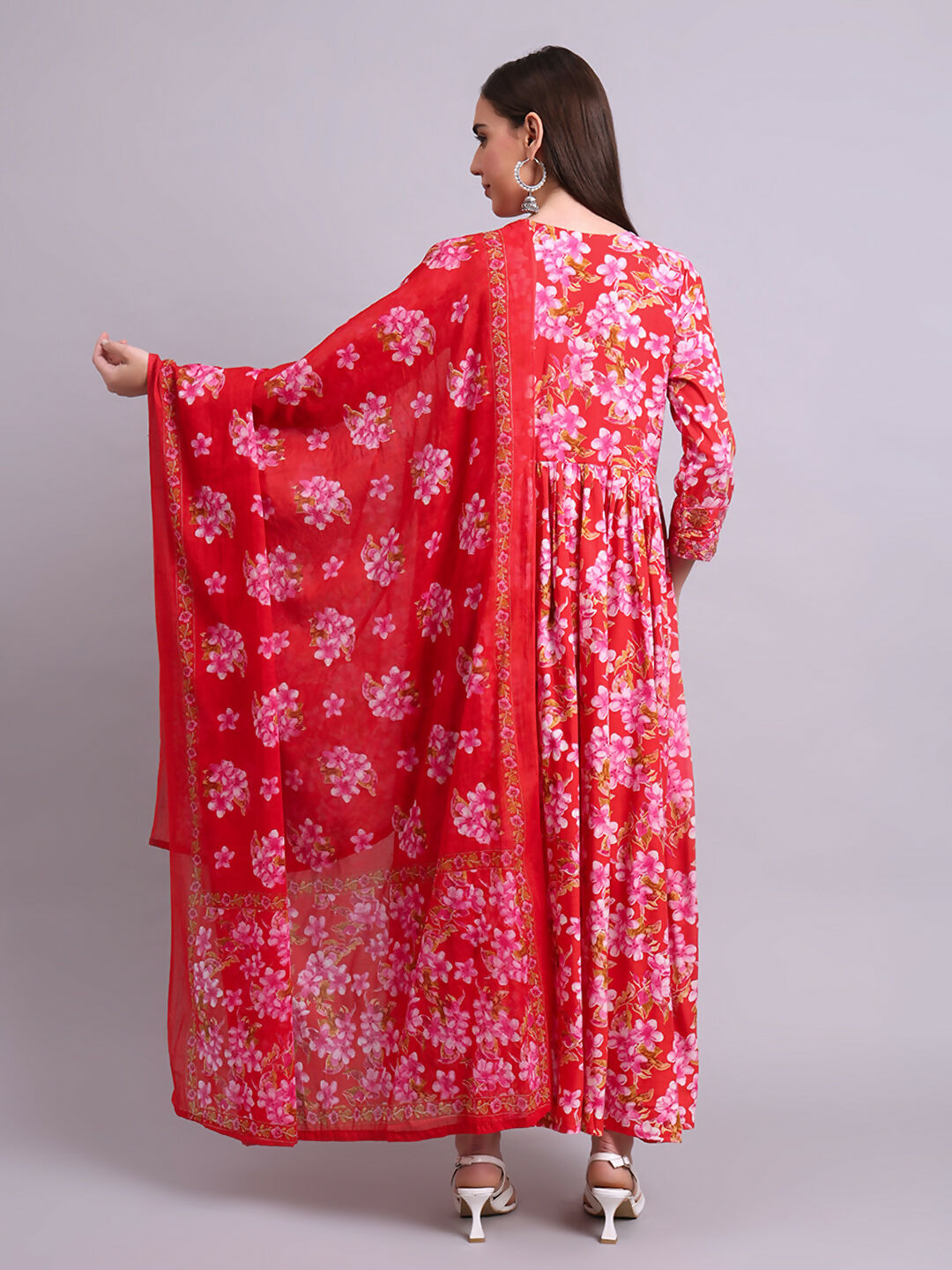 Joban Fashion Red Cotton Floral Printed & Embroidery Work Anarkali Dress With Dupatta Set | Grocsy
