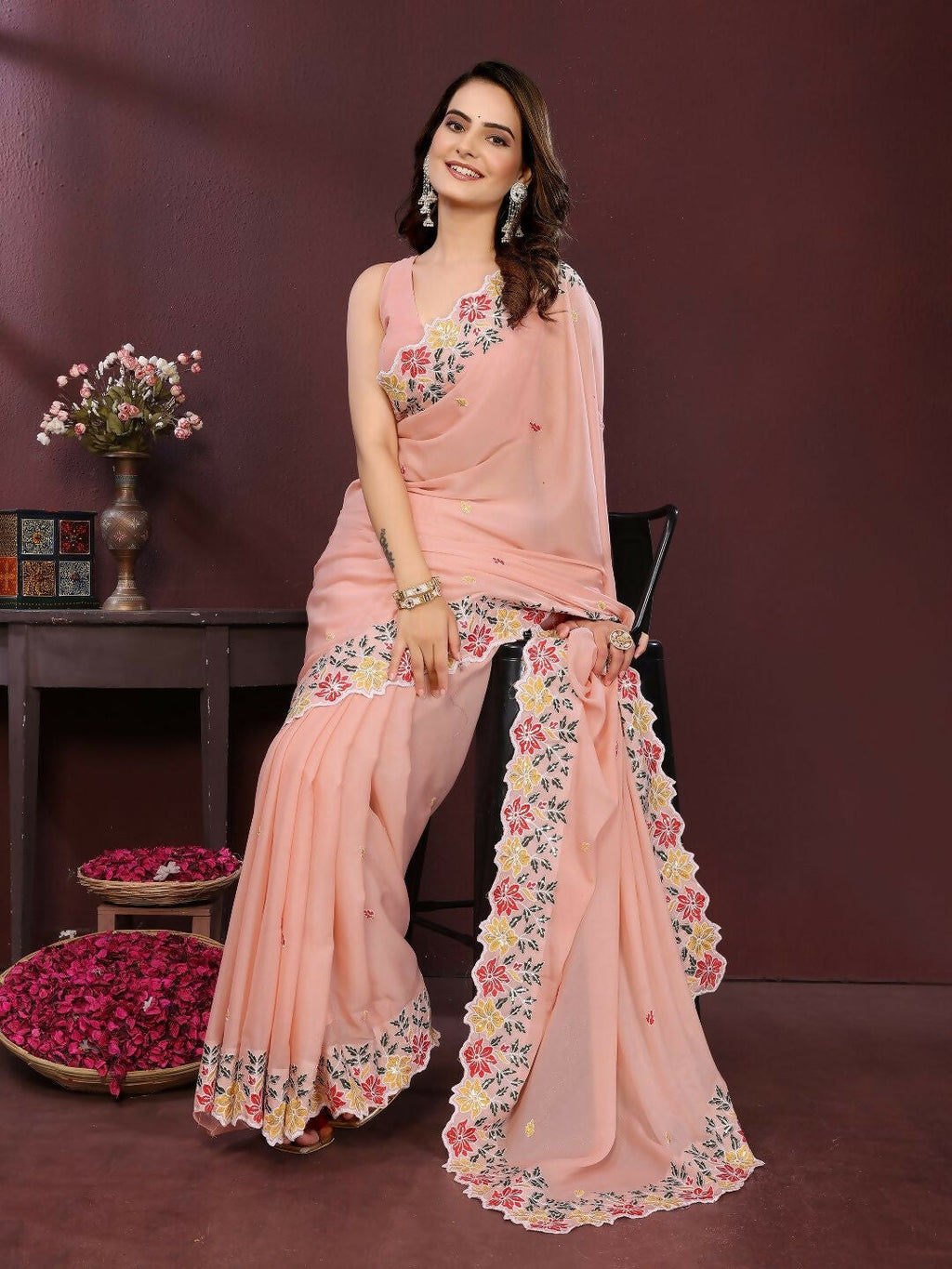 Ai Fashion Cream Soft Star Georgette Embroidery Party Wear Saree | Grocsy