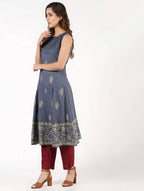Aniyah Rayon Block Print Flared Grey Kurta (AN-150K) | Grocsy