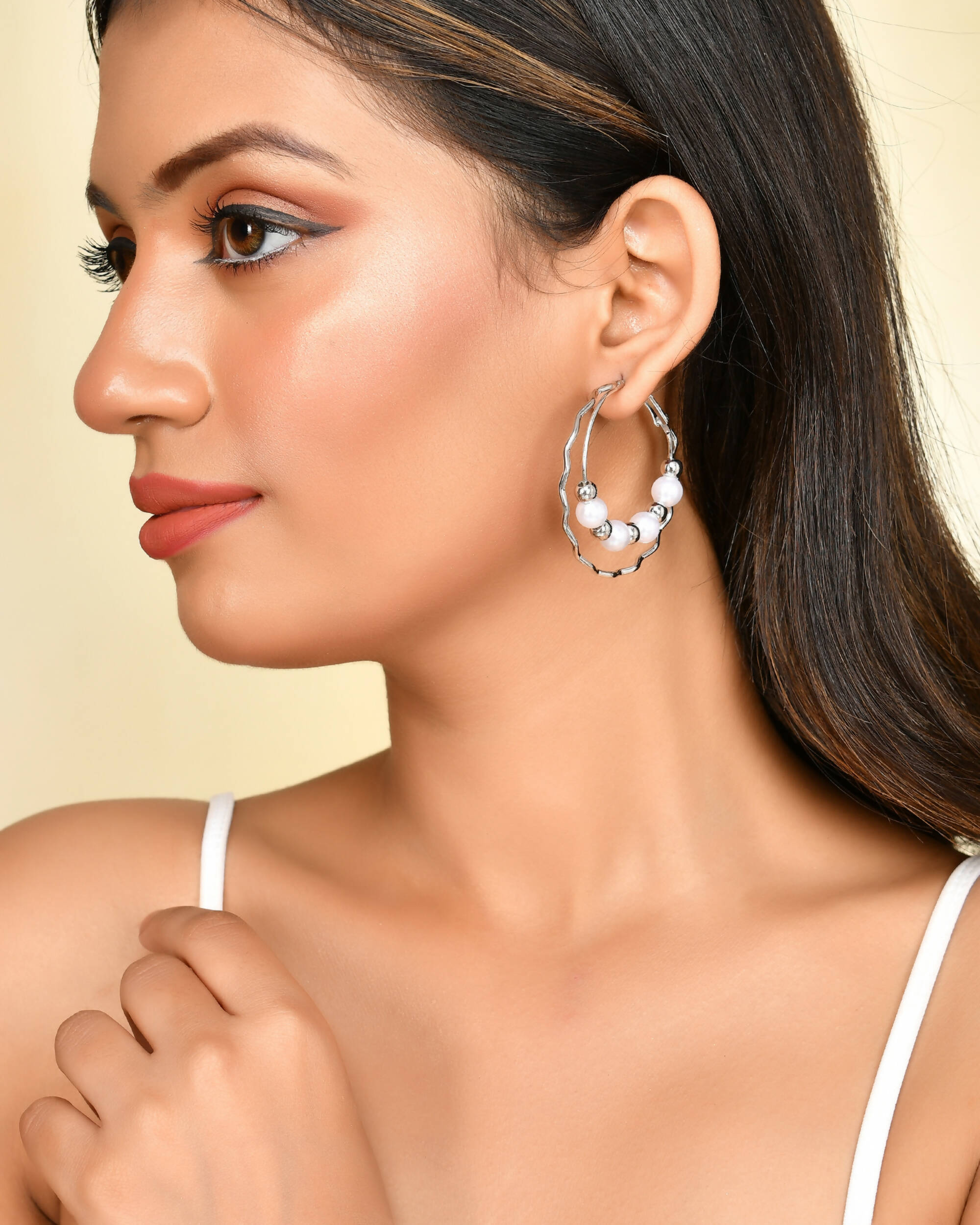 VOJ Women Sliver-Plated Pearl Stainless Steel Hoop Earrings | Grocsy