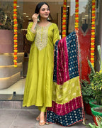 The52 Lemons Women's Gorgeous Embroidered Viscose Chanderi Fabric Straight Kurta Pant with Dupatta Set | Grocsy