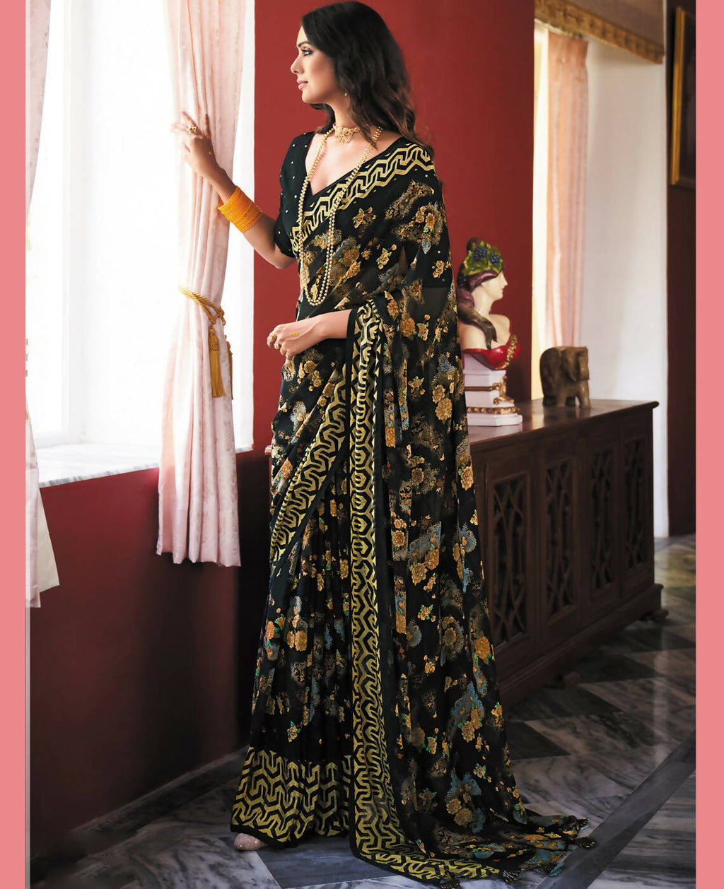 Black Georgette Brasso Floral Printed Saree With Unstitched Blouse Piece - Zyanya | Grocsy