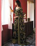 Black Georgette Brasso Floral Printed Saree With Unstitched Blouse Piece - Zyanya | Grocsy