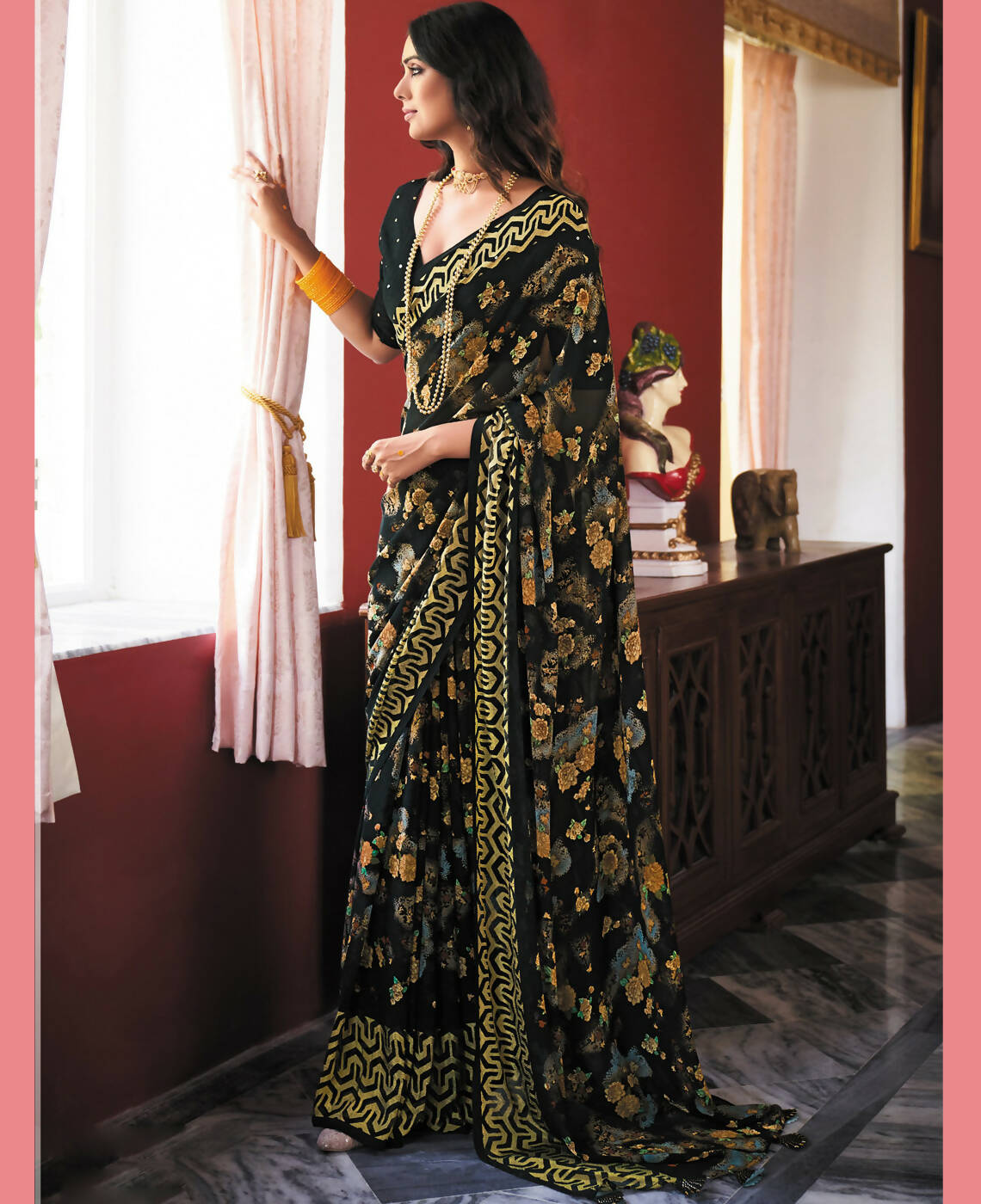 Black Georgette Brasso Floral Printed Saree With Unstitched Blouse Piece - Zyanya | Grocsy