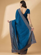 Blue Silk Blend Embroidered Saree with Unstitched Blouse - Vairagi | Grocsy