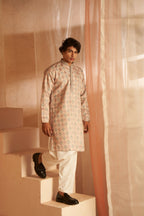 Cream Viscose Wevon Designer Men's Kurta Set - Mahotsav | Grocsy