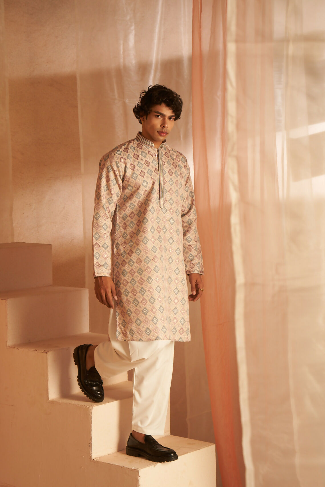 Cream Viscose Wevon Designer Men's Kurta Set - Mahotsav | Grocsy
