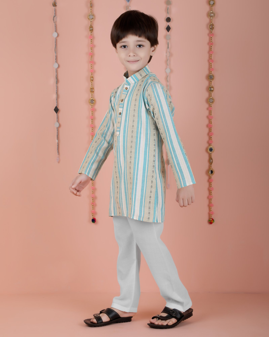 Joban Fashion Kids Island Cotton Full Sleeves Striped Kurta and Pyjama- Blue | Grocsy