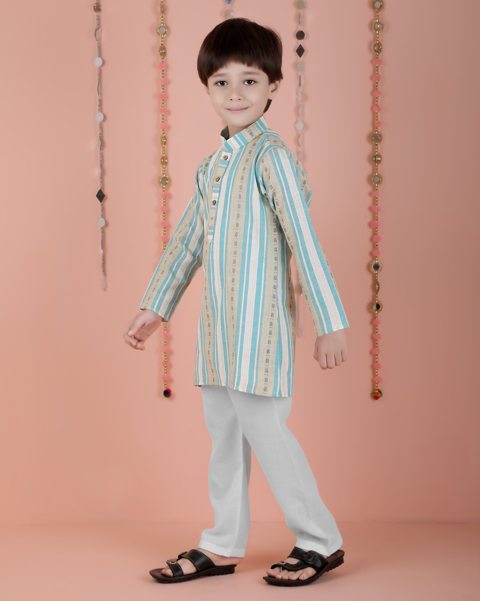 Joban Fashion Kids Island Cotton Full Sleeves Striped Kurta and Pyjama- Blue | Grocsy
