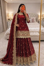 Teeya Creation Maroon Color Fendy Satin Heavy Embroidery Work Wedding Wear Stitched Lehenga Choli | Grocsy