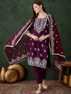 Sangria Purple Floral Embroidered Thread Work Pure Cotton Kurta & Trouser With Dupatta | Grocsy