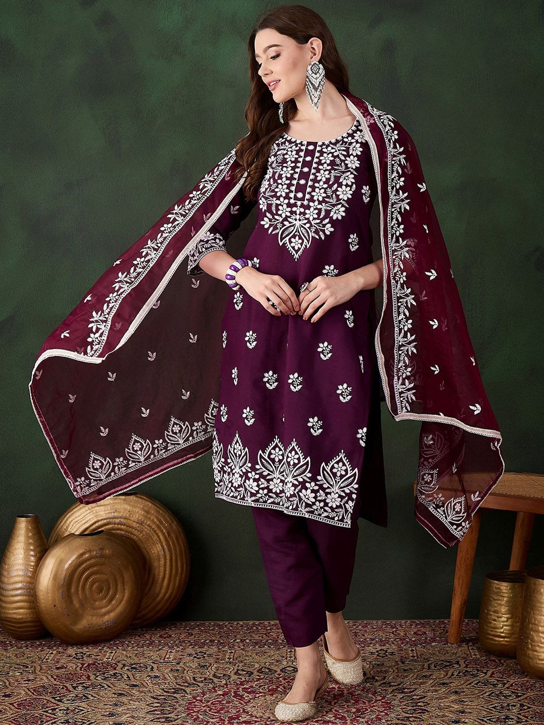 Sangria Purple Floral Embroidered Thread Work Pure Cotton Kurta & Trouser With Dupatta | Grocsy