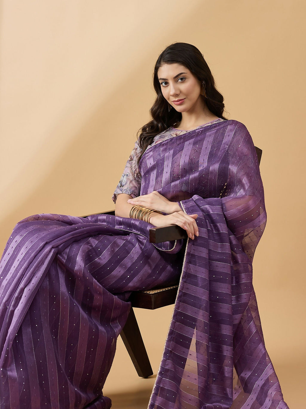 Purple Cotton Blend Sequence Work Saree with Stitched Blouse - Dharavi | Grocsy