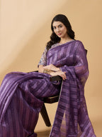 Purple Cotton Blend Sequence Work Saree with Stitched Blouse - Dharavi | Grocsy