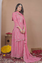 The52 Women's Gorgeous Embroidery Work Fox Georgette Fabric Straight Kurta Sharara and Dupatta Set | Grocsy