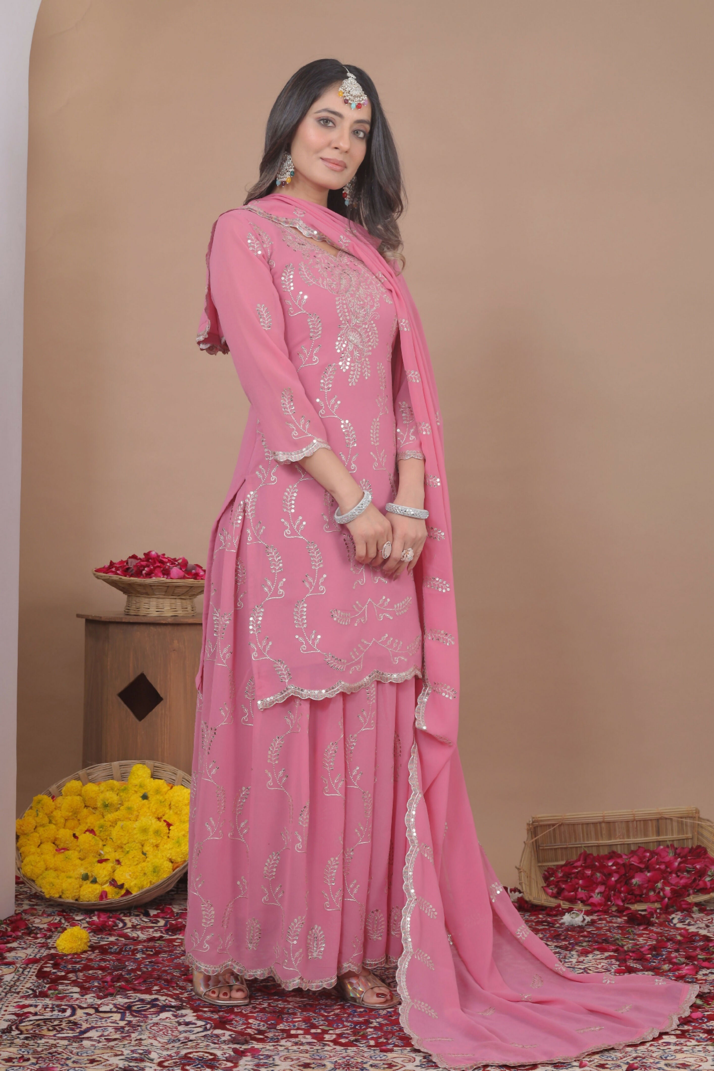 The52 Women's Gorgeous Embroidery Work Fox Georgette Fabric Straight Kurta Sharara and Dupatta Set | Grocsy