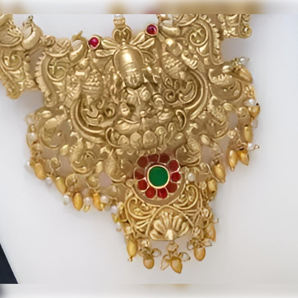 Jewel City Traditional Temple Design Gold Necklace Set with Red and Green Stone Accents - Bridal Jewelry | Grocsy