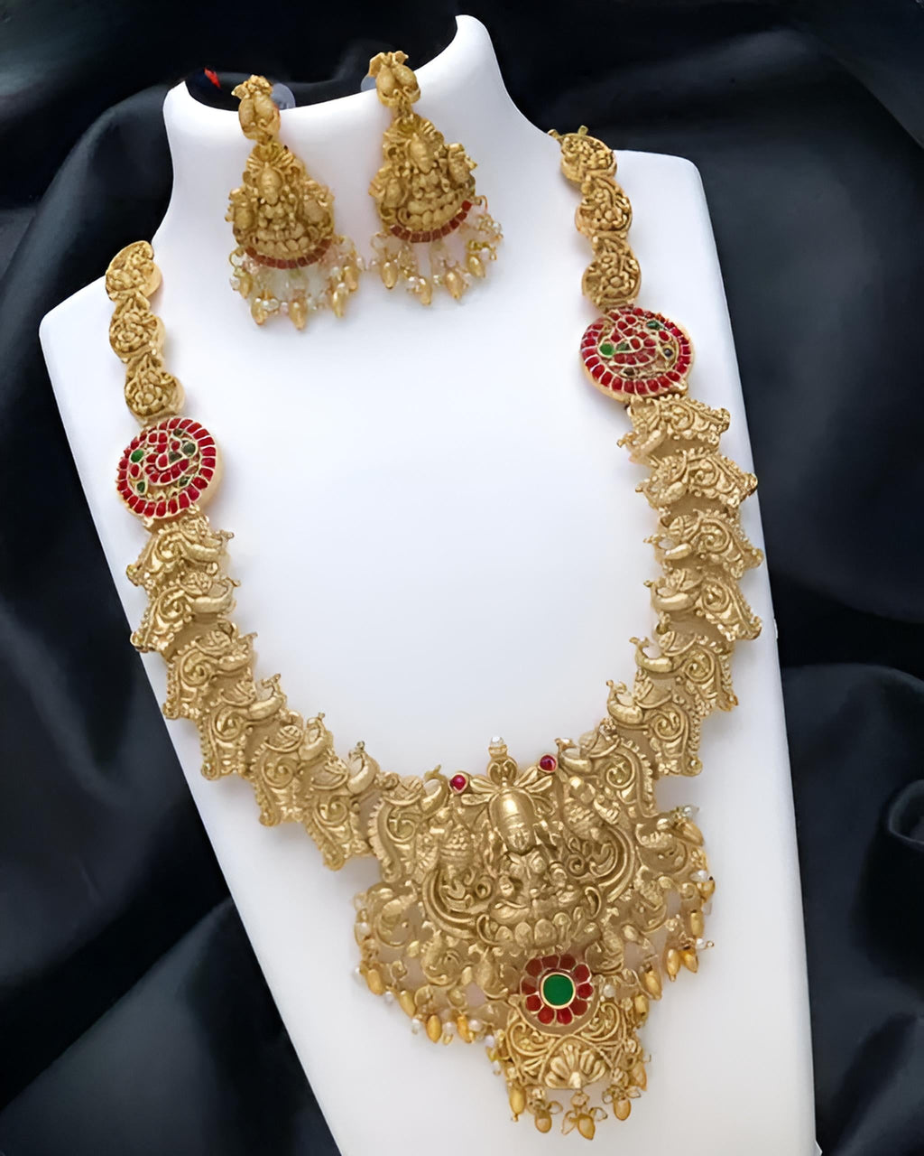 Jewel City Traditional Temple Design Gold Necklace Set with Red and Green Stone Accents - Bridal Jewelry | Grocsy