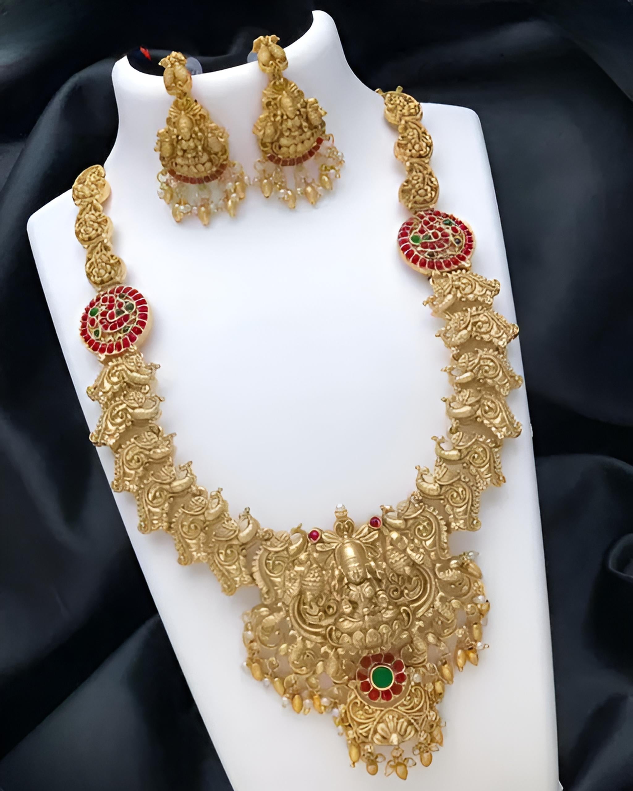 Jewel City Traditional Temple Design Gold Necklace Set with Red and Green Stone Accents - Bridal Jewelry | Grocsy