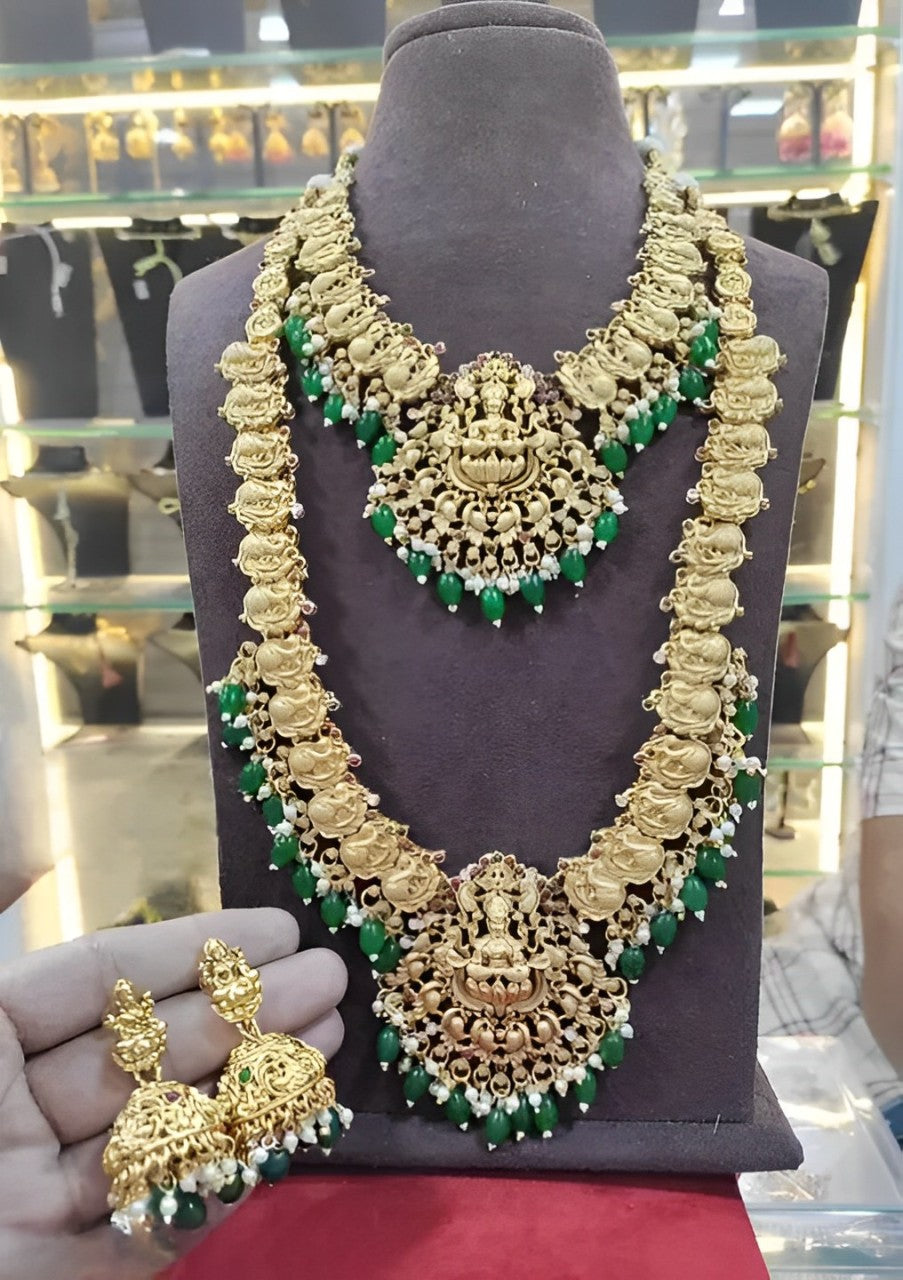 Jewel City Exquisite Traditional Gold-Plated Necklace Set with Emerald Beads | Grocsy