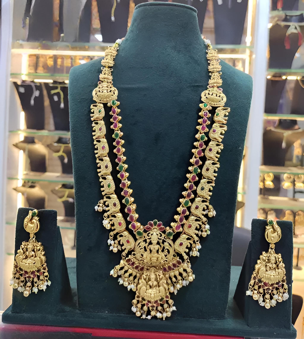Jewel City Exquisite Gold-Plated Bridal Necklace and Earrings Set with Ruby and Emerald Accents | Grocsy