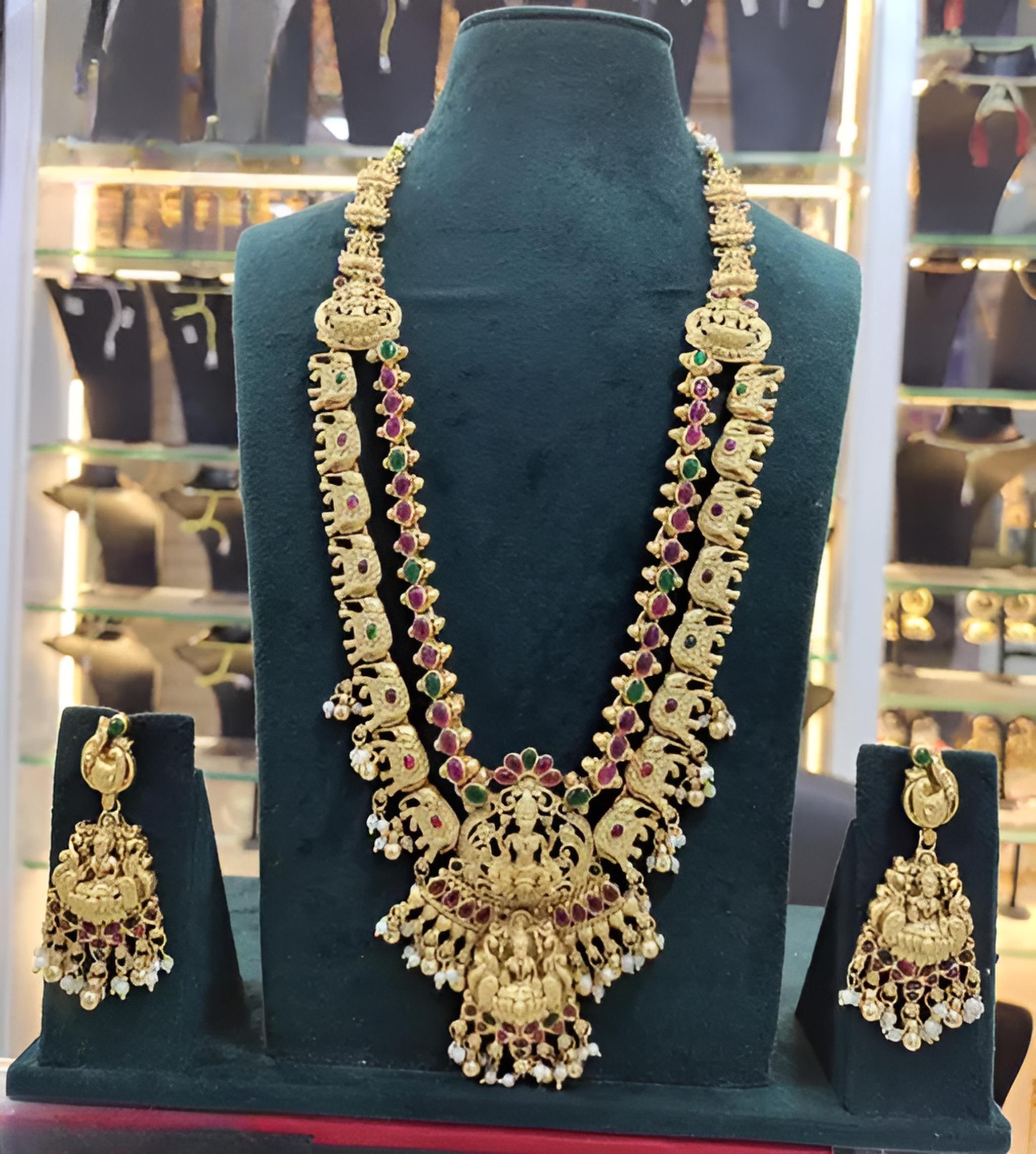 Jewel City Exquisite Gold-Plated Bridal Necklace and Earrings Set with Ruby and Emerald Accents | Grocsy