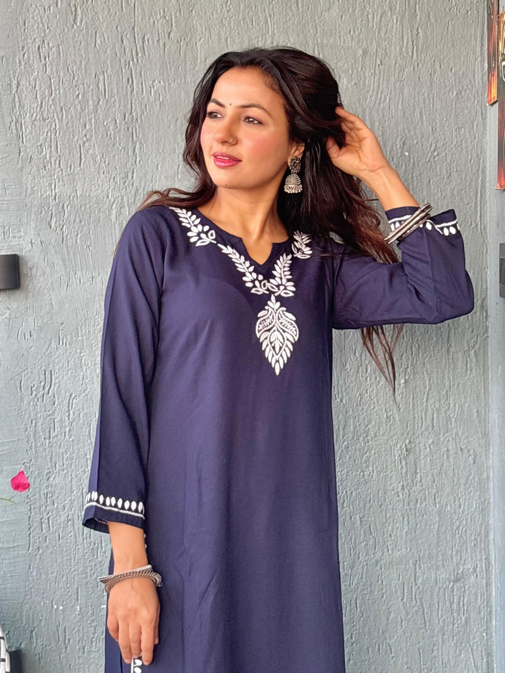 Gharana India Luxury Rayon Navy Blue Chikankari Kurta Set | Grocsy