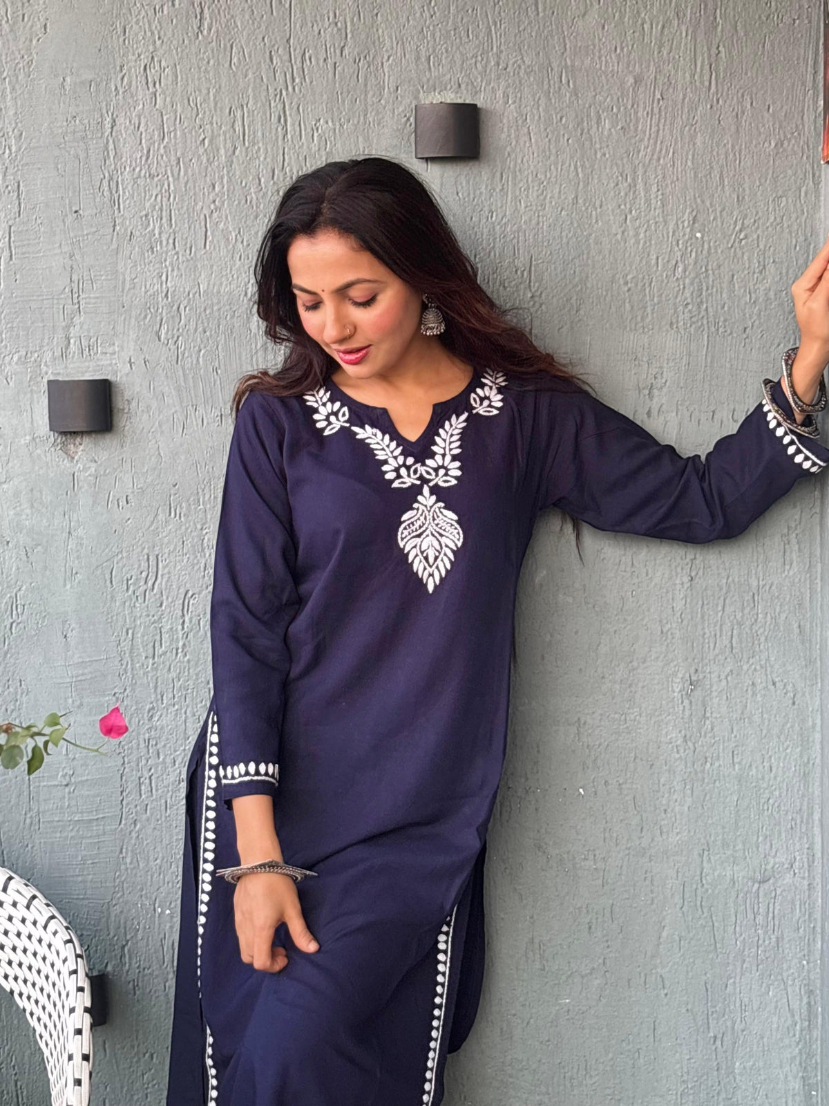 Gharana India Luxury Rayon Navy Blue Chikankari Kurta Set | Grocsy