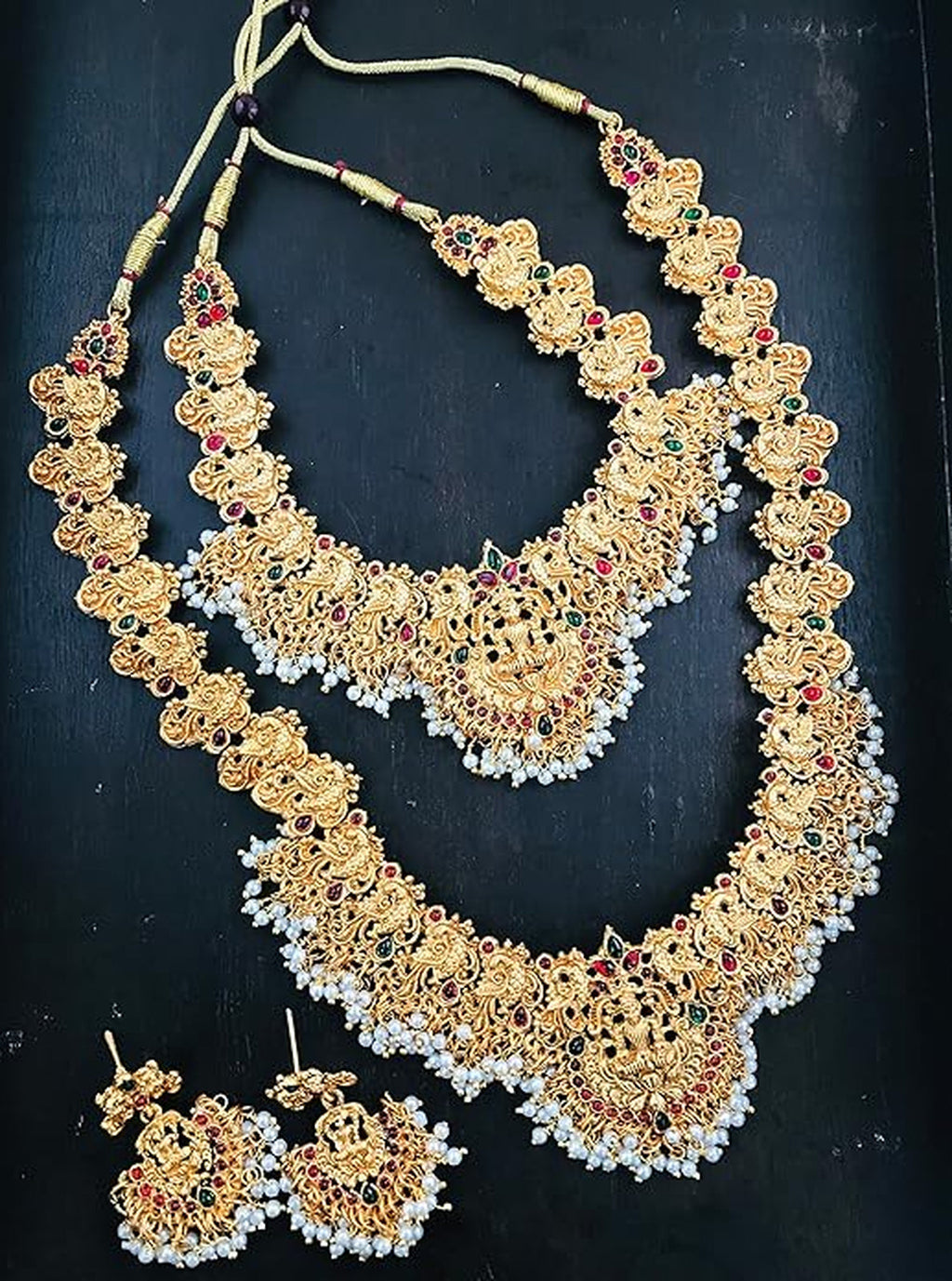 Jewel City Gold-Plated Traditional Goddess Lakshmi Temple Jewellery Bridal Set with Ruby Stone Long Haram Double Necklace Set | Grocsy