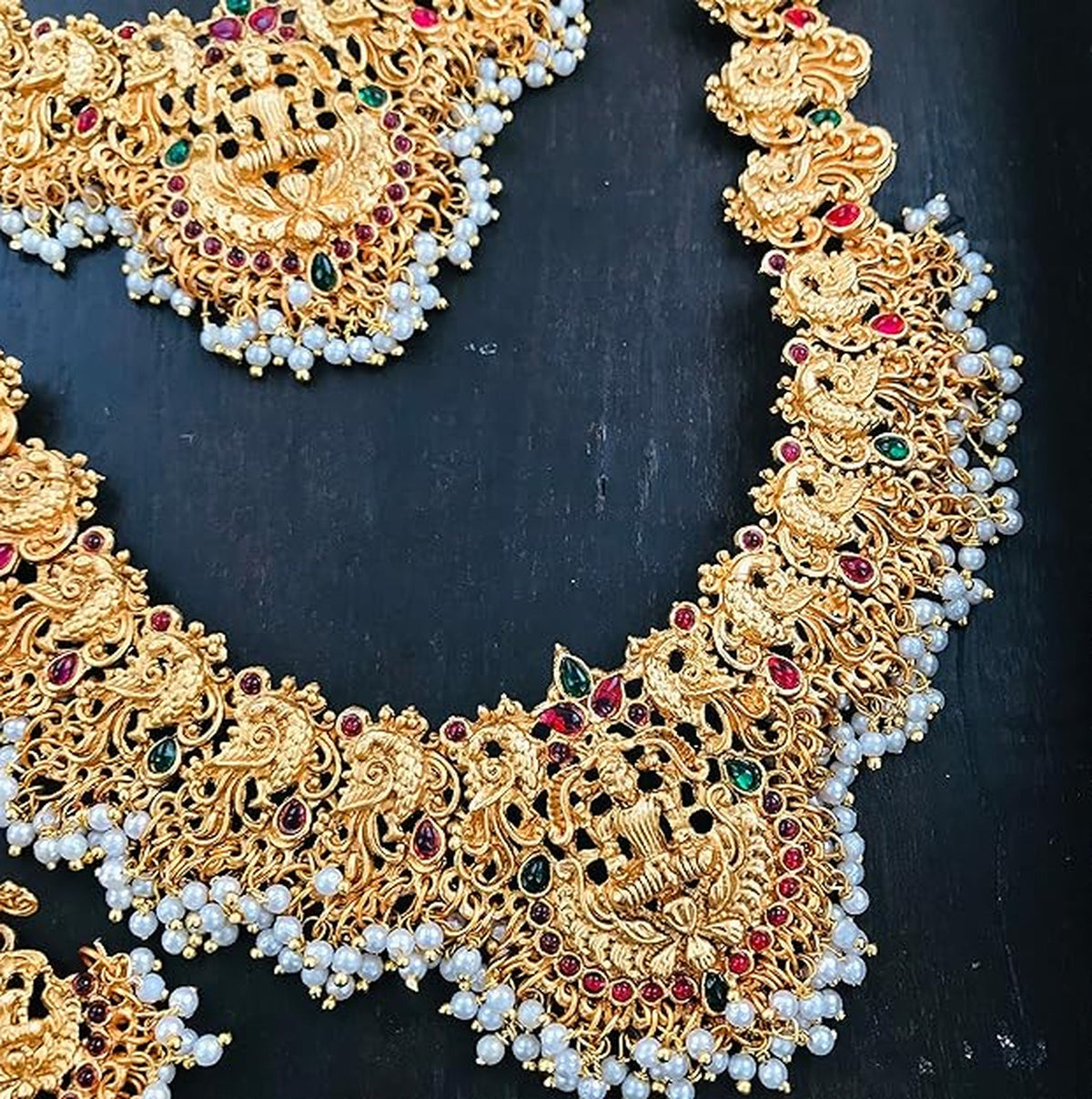 Jewel City Gold-Plated Traditional Goddess Lakshmi Temple Jewellery Bridal Set with Ruby Stone Long Haram Double Necklace Set | Grocsy