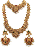 Jewel City Gold-Plated Traditional Goddess Lakshmi Temple Jewellery Bridal Set with Ruby Stone Long Haram Double Necklace Set | Grocsy