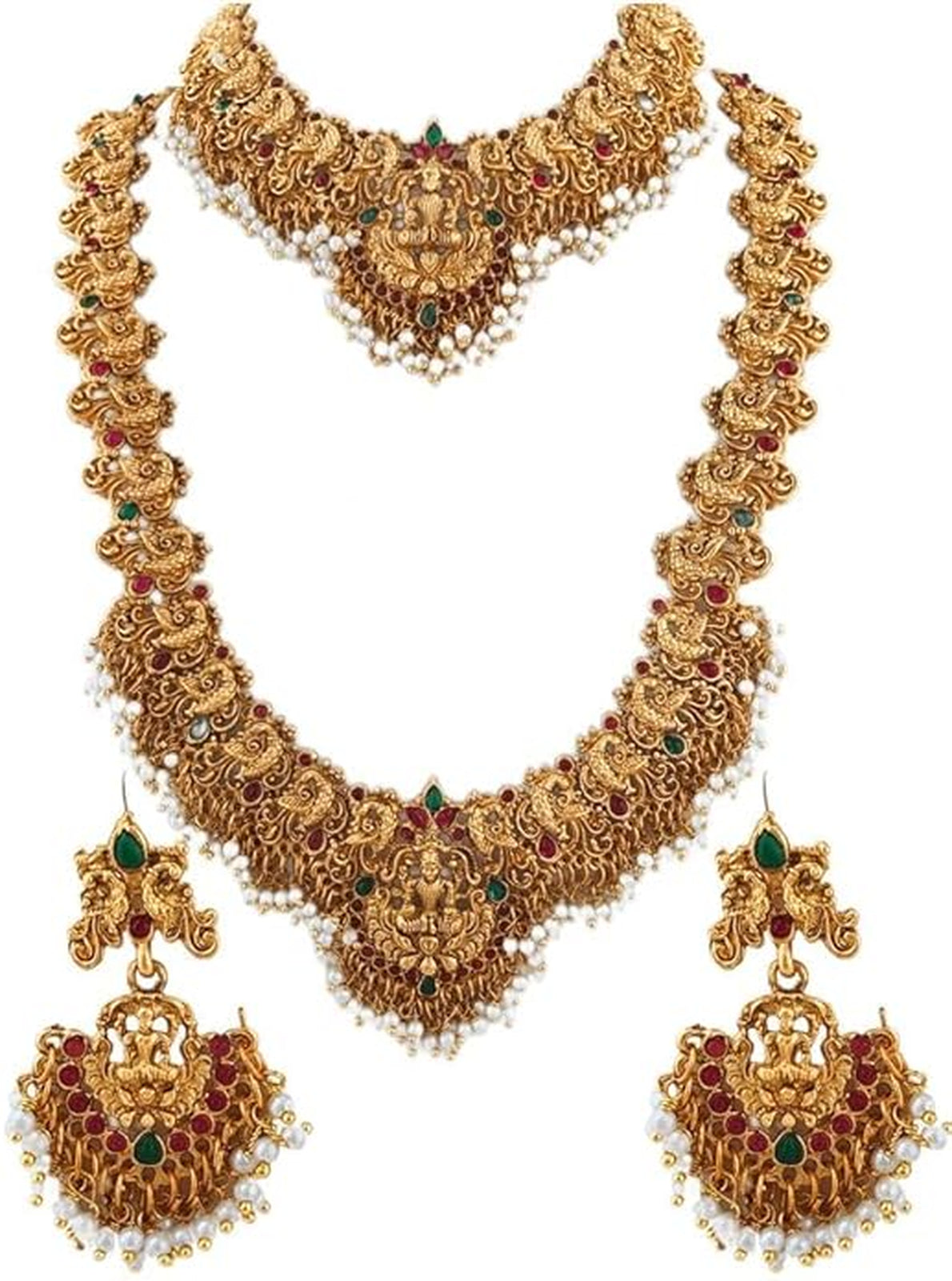 Jewel City Gold-Plated Traditional Goddess Lakshmi Temple Jewellery Bridal Set with Ruby Stone Long Haram Double Necklace Set | Grocsy