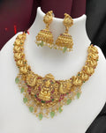 Jewel City Opulent Gold Peacock Lakshmi Temple Necklace Set - Handcrafted Antique Finish Bridal Jewelry with Emerald & Pearl Accent | Grocsy