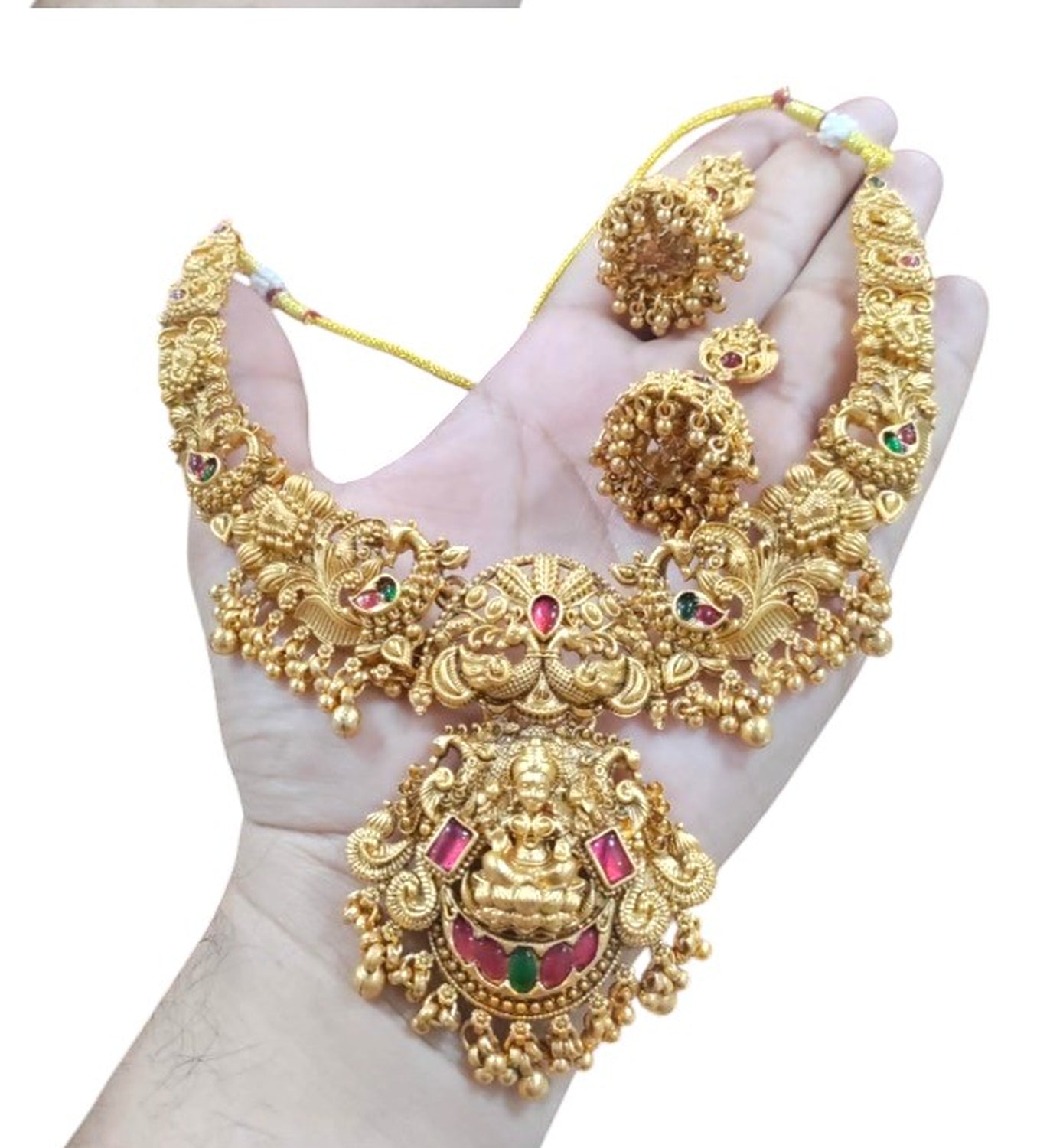 Jewel City Gold Lakshmi Temple Necklace Set - Bridal Jewelry with Ruby and Emerald Accents | Grocsy