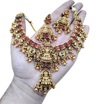 Jewel City Opulent Lotus Lakshmi Temple Necklace Set - Antique Gold Kundan Bridal Jewelry with Ruby and Emerald Accents | Grocsy