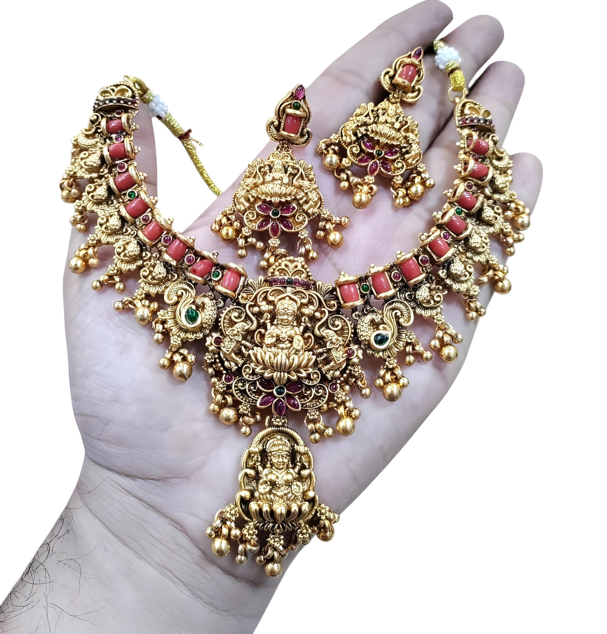 Jewel City Opulent Lotus Lakshmi Temple Necklace Set - Antique Gold Kundan Bridal Jewelry with Ruby and Emerald Accents | Grocsy