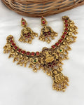 Jewel City Opulent Lotus Lakshmi Temple Necklace Set - Antique Gold Kundan Bridal Jewelry with Ruby and Emerald Accents | Grocsy