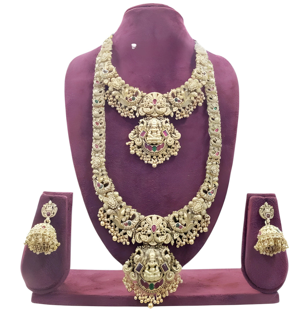 Jewel City Majestic Two-Tier Lakshmi Temple Necklace Set - Antique Gold Bridal Jewelry with Multi-Stone Accents | Grocsy