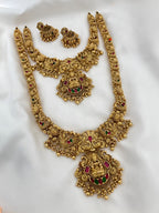 Jewel City Majestic Two-Tier Lakshmi Temple Necklace Set - Antique Gold Bridal Jewelry with Multi-Stone Accents | Grocsy